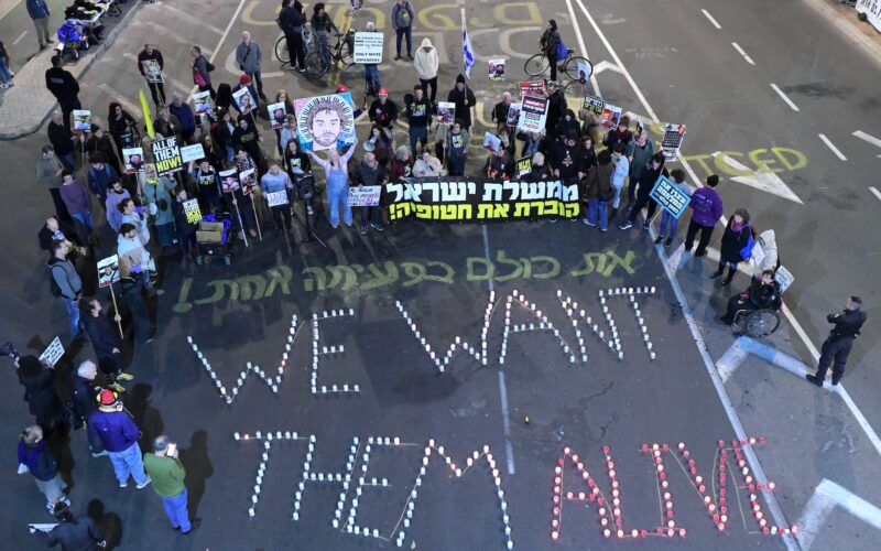 Demonstrators protest for the release of Israelis held hostage in the Gaza Strip