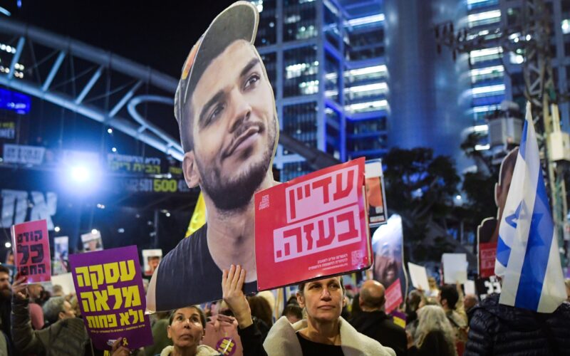 Demonstrators protest for the release of Israelis held hostage in the Gaza Strip