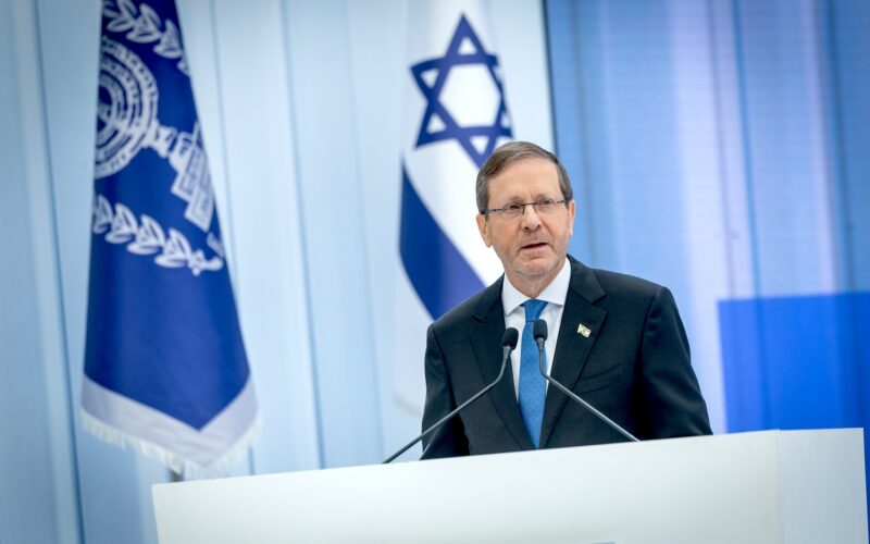 Israeli president Isaac Herzog attends an event for outstanding soldiers as part of Israel’s 78th Independence Day